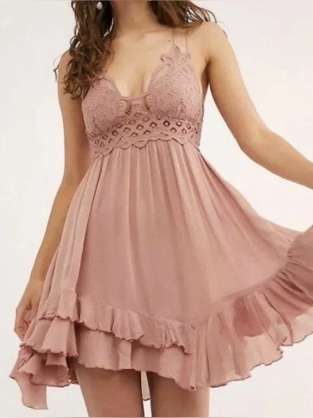 Free people Lace-Trim Spaghetti Strap Mini Dress in Dusty Rose